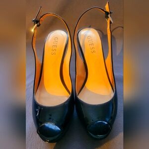 Gorgeous faux black patent leather slingback open toe heels, Size 6M, never worn